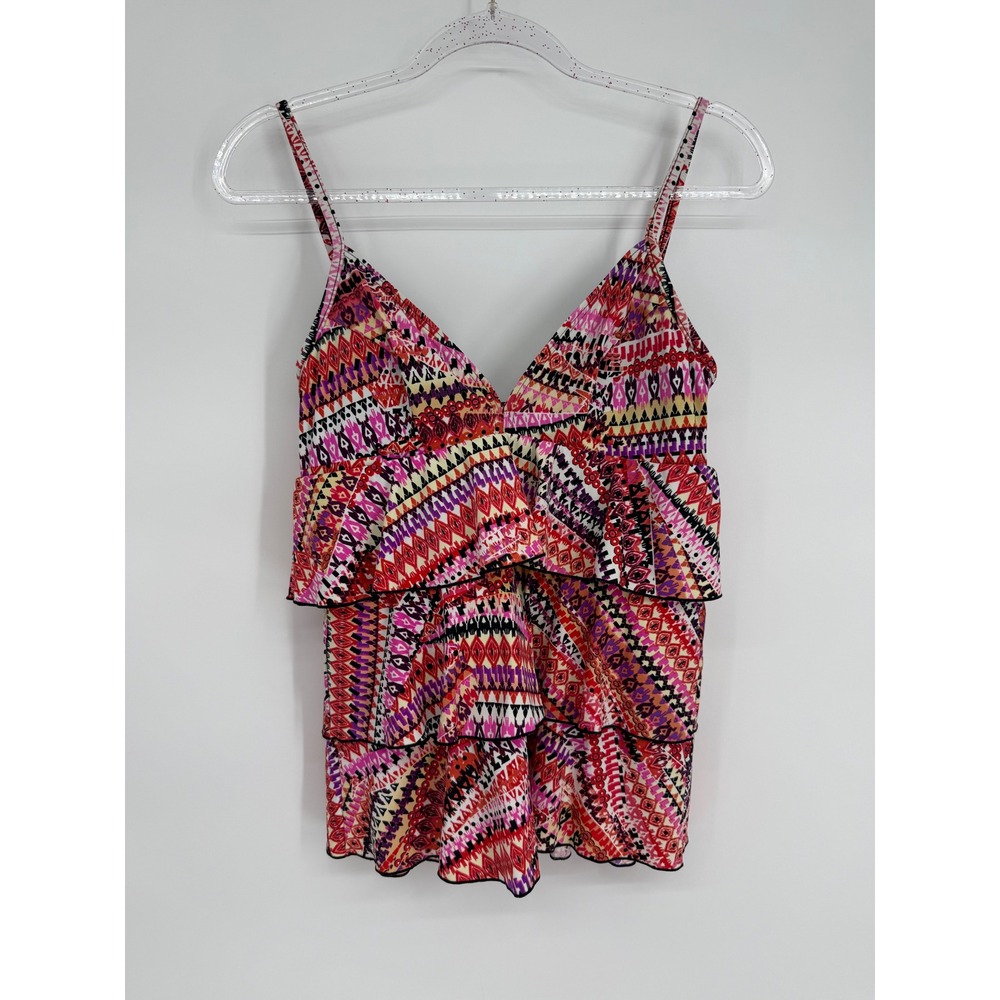 Fit 4 U Tummy Separates Geometric Tiered Ruffle Tankini Top Pink Orange Sz 10